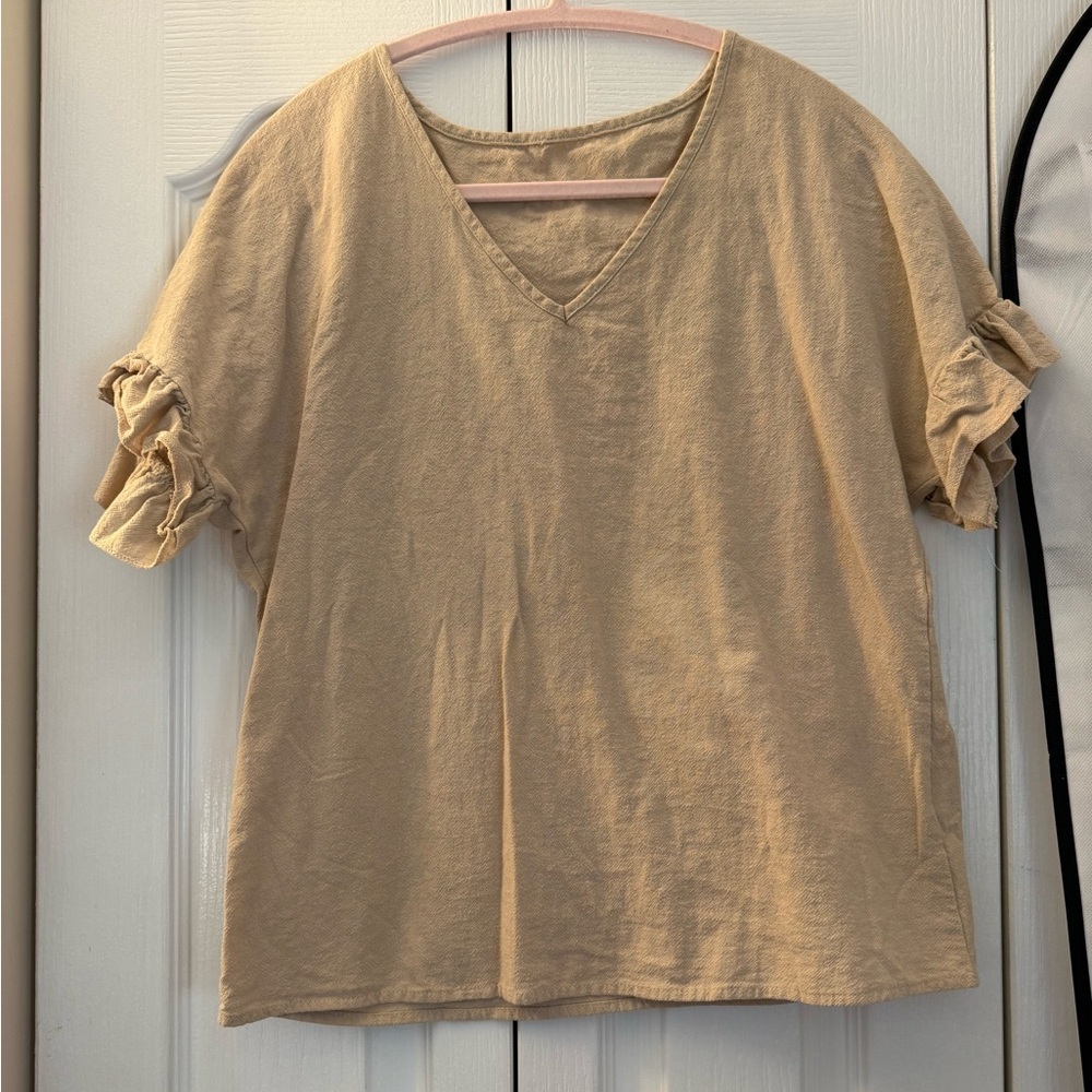 SHEIN Beige Ruffle Sleeve V-Neck Top